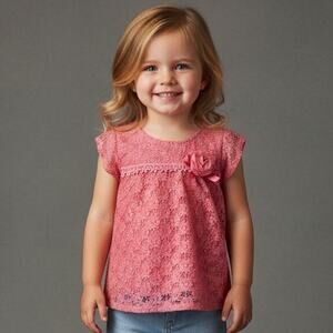 Real Love Floral Lace Top Girls Sz 2T Pink Short Sleeve Draped Lined Keyhole
